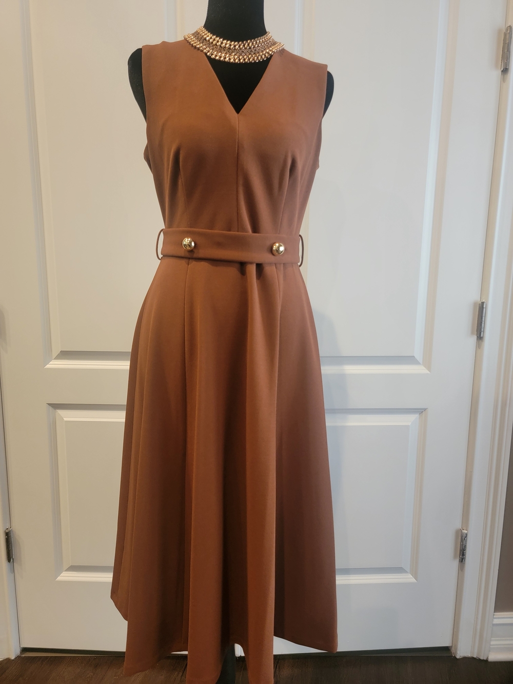 Calvin Klein Sleeveless Tan-Brown Belted Midi Dress